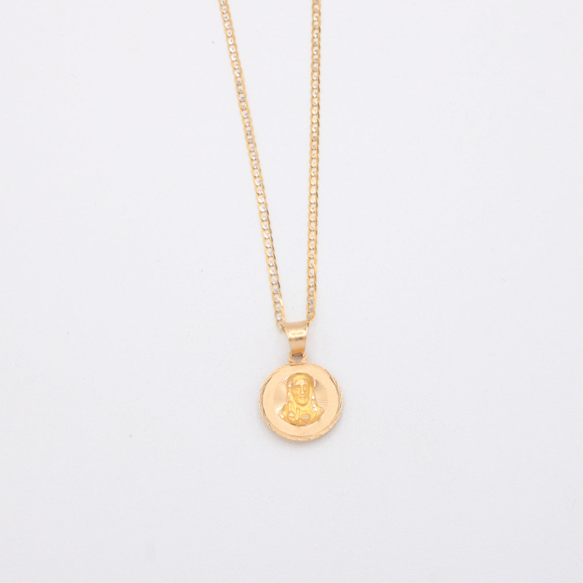 Gargantilla de Oro 14k Tejido Barbado con Dije Doble Vista de Cristo y Virgen mod. 11204