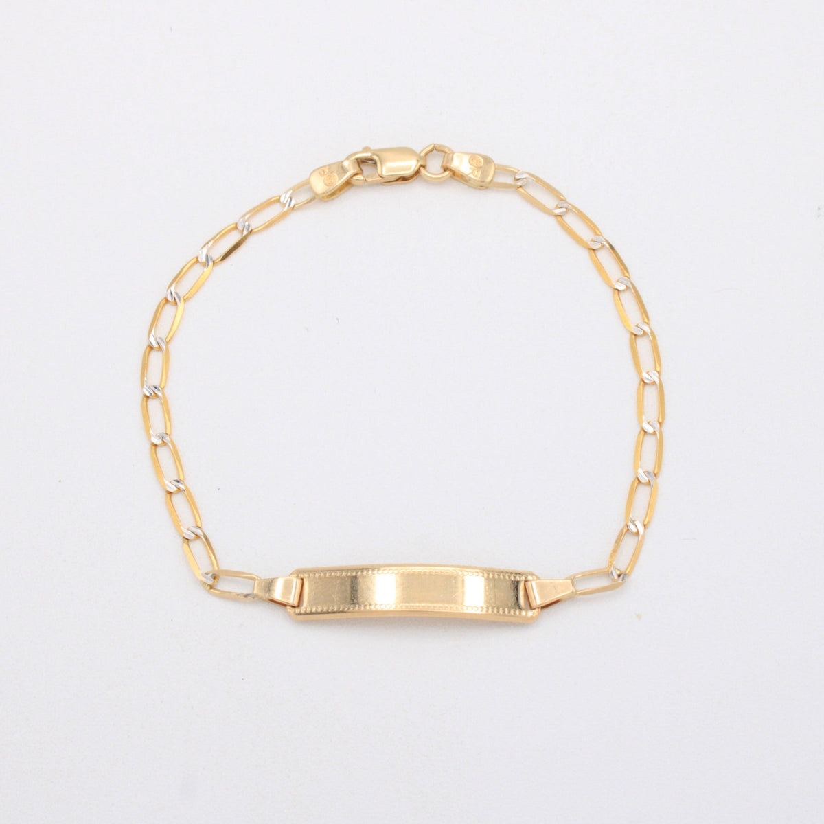 Esclava de Oro 14k para Niño Tejido Inglés con Diamantado y Placa Detallada mod. 11206