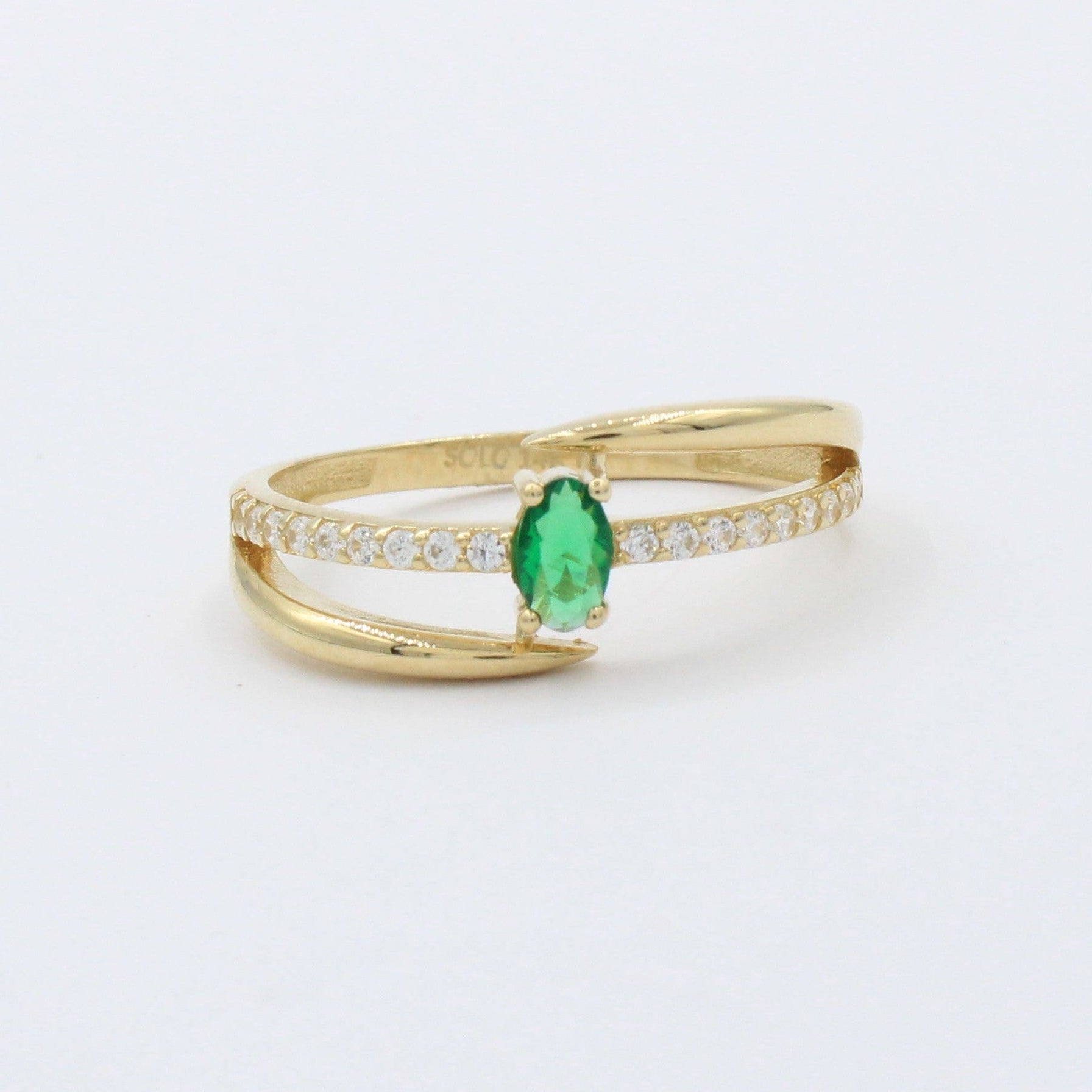 Anillo de Oro 14k Diseño Cruzado con Zirconia Verde Oval y Carril de Zirconias mod. 10389
