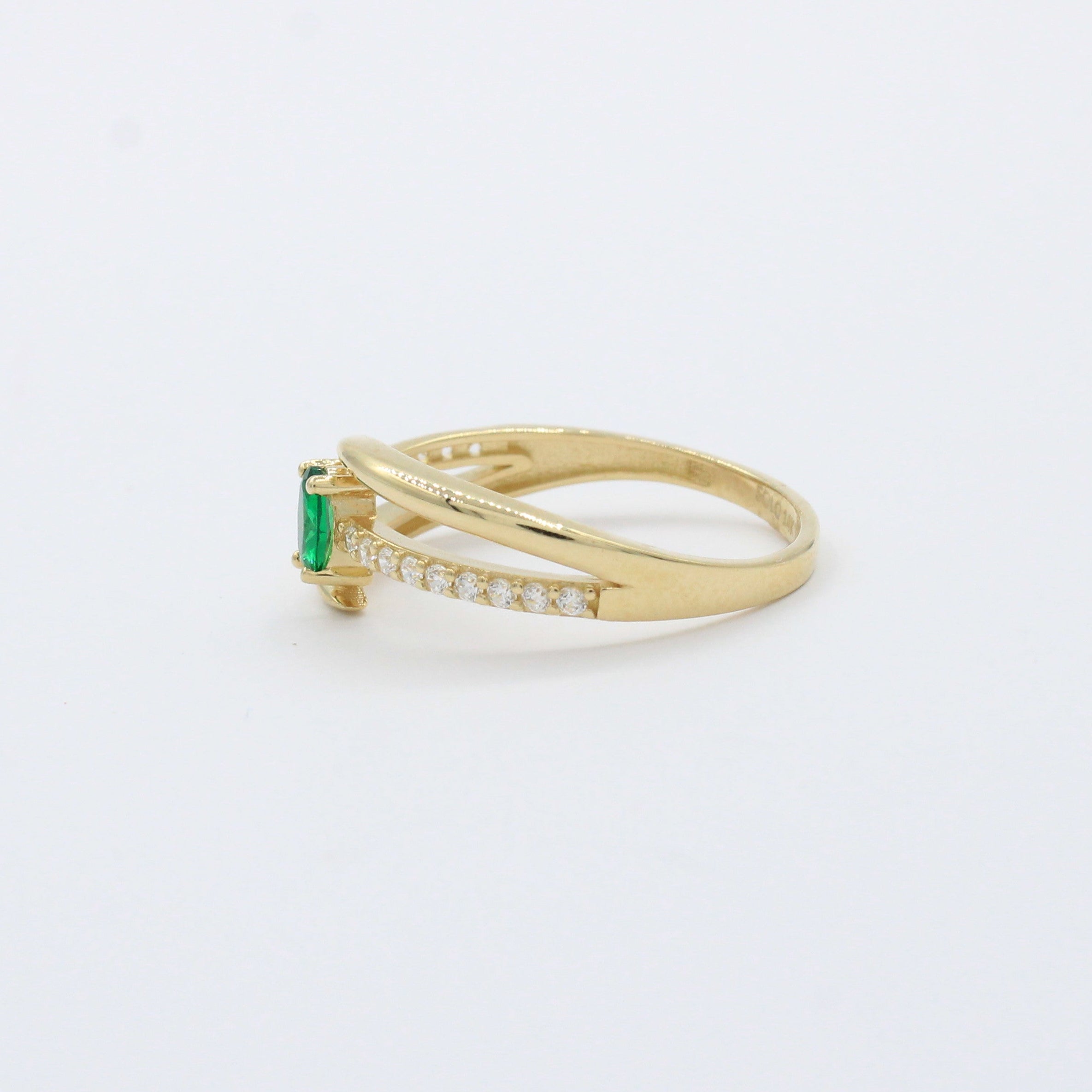Anillo de Oro 14k Diseño Cruzado con Zirconia Verde Oval y Carril de Zirconias mod. 10389