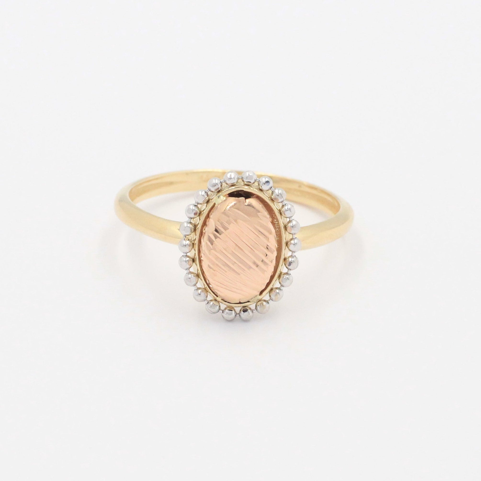 Anillo de Oro 14k Florentino con Placa Ovalada y Marco de Esferas mod. 9984