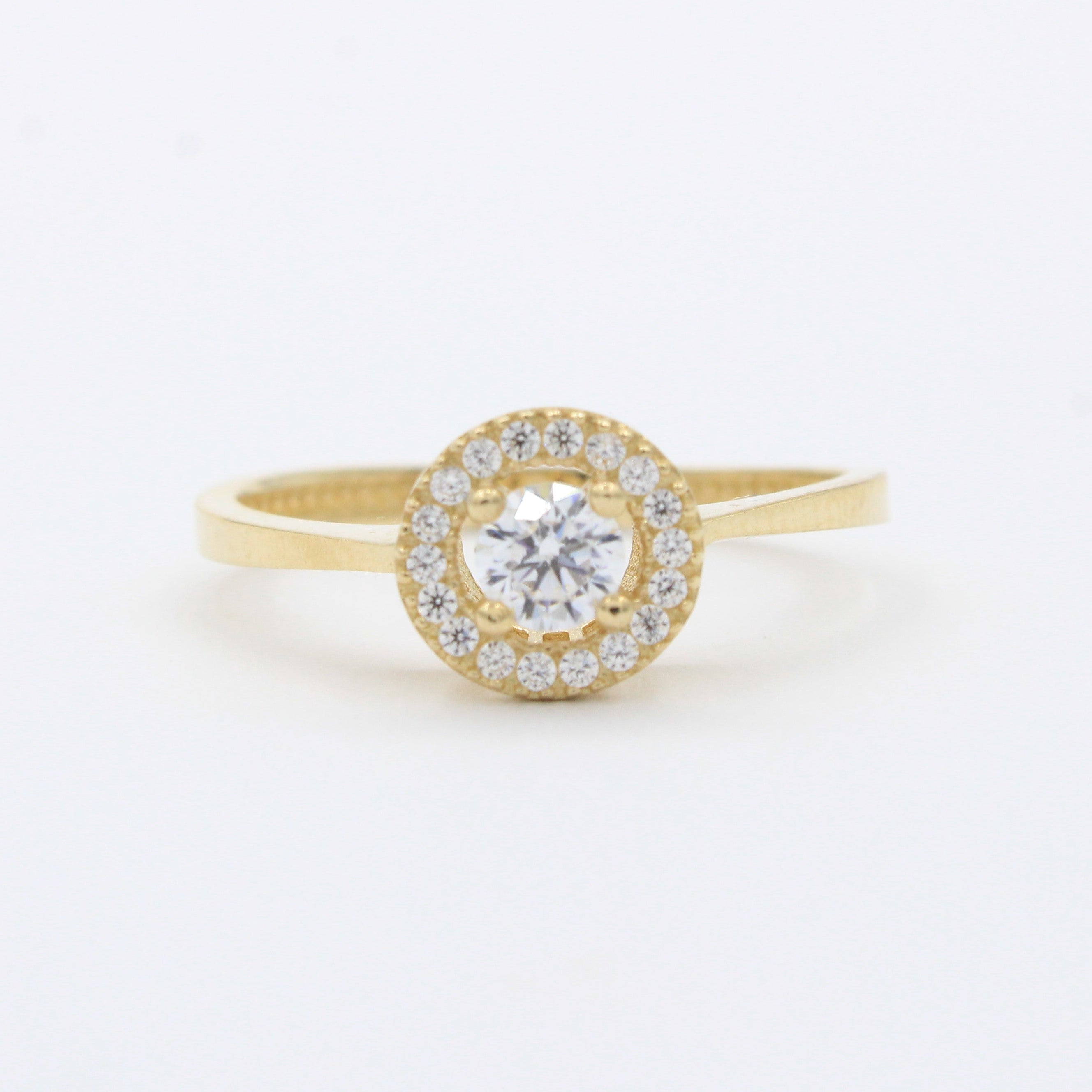 Anillo de Compromiso en Oro 14k Diseño Central Circular con Zirconias Brillantes mod. 10418