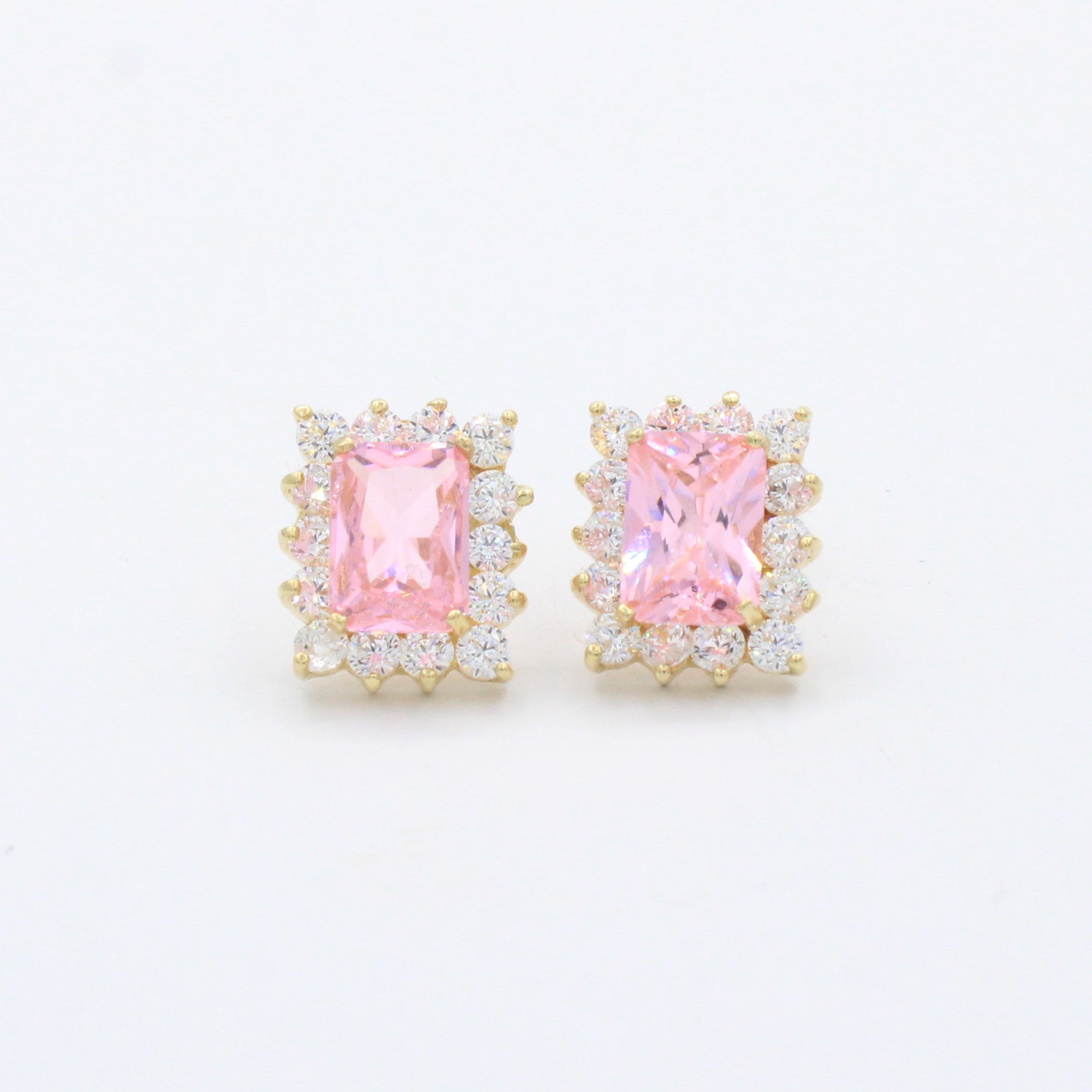 Arete de Oro 14k con Zirconia Rectangular Color Rosa y Biselado Brillante mod. 10431