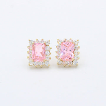 Arete de Oro 14k con Zirconia Rectangular Color Rosa y Biselado Brillante mod. 10431