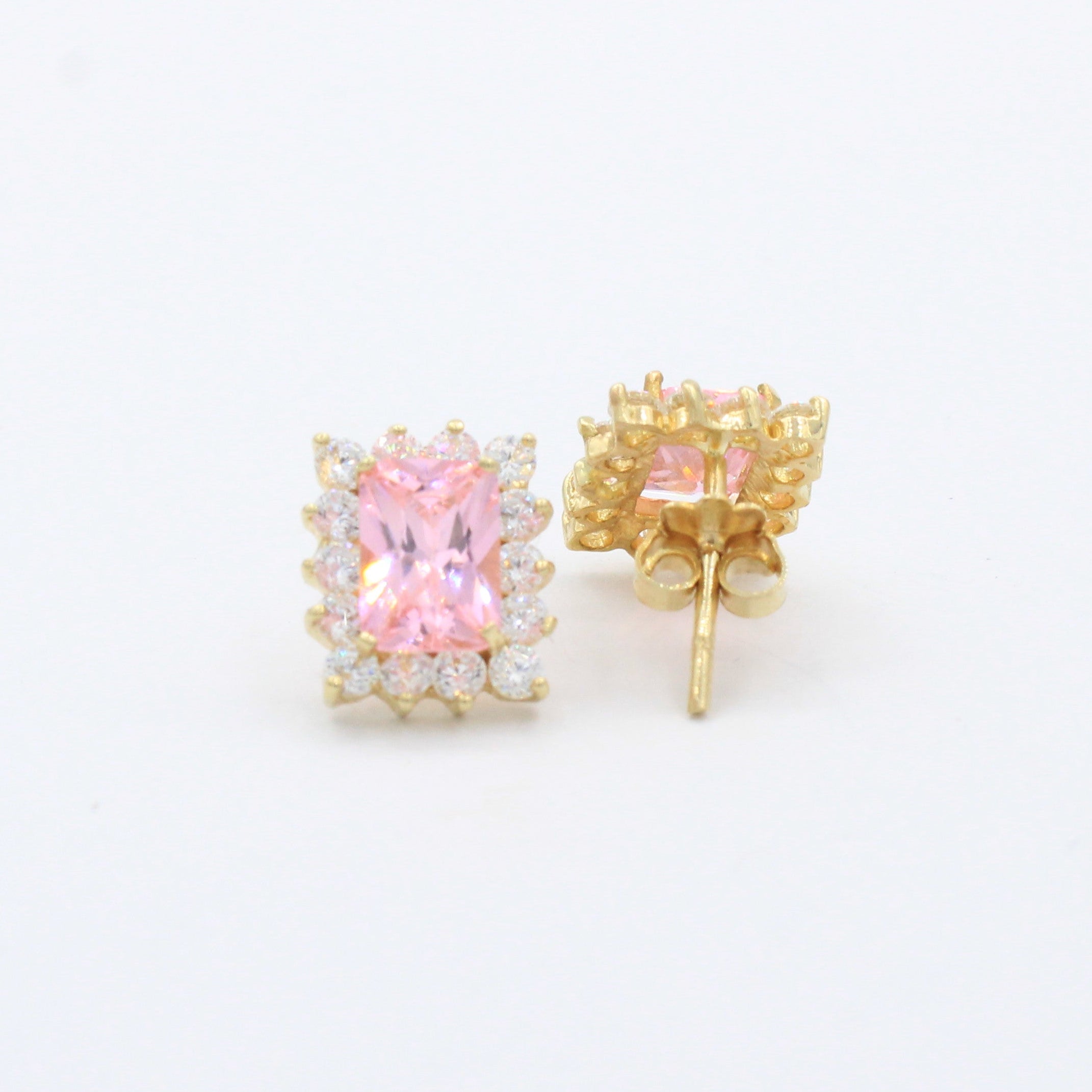 Arete de Oro 14k con Zirconia Rectangular Color Rosa y Biselado Brillante mod. 10431