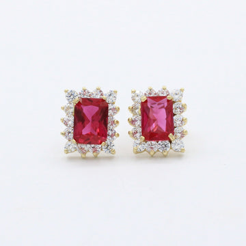 Arete de Oro 14k con Zirconia Rectangular Color Rojo Rubí y Biselado Brillante mod. 10429