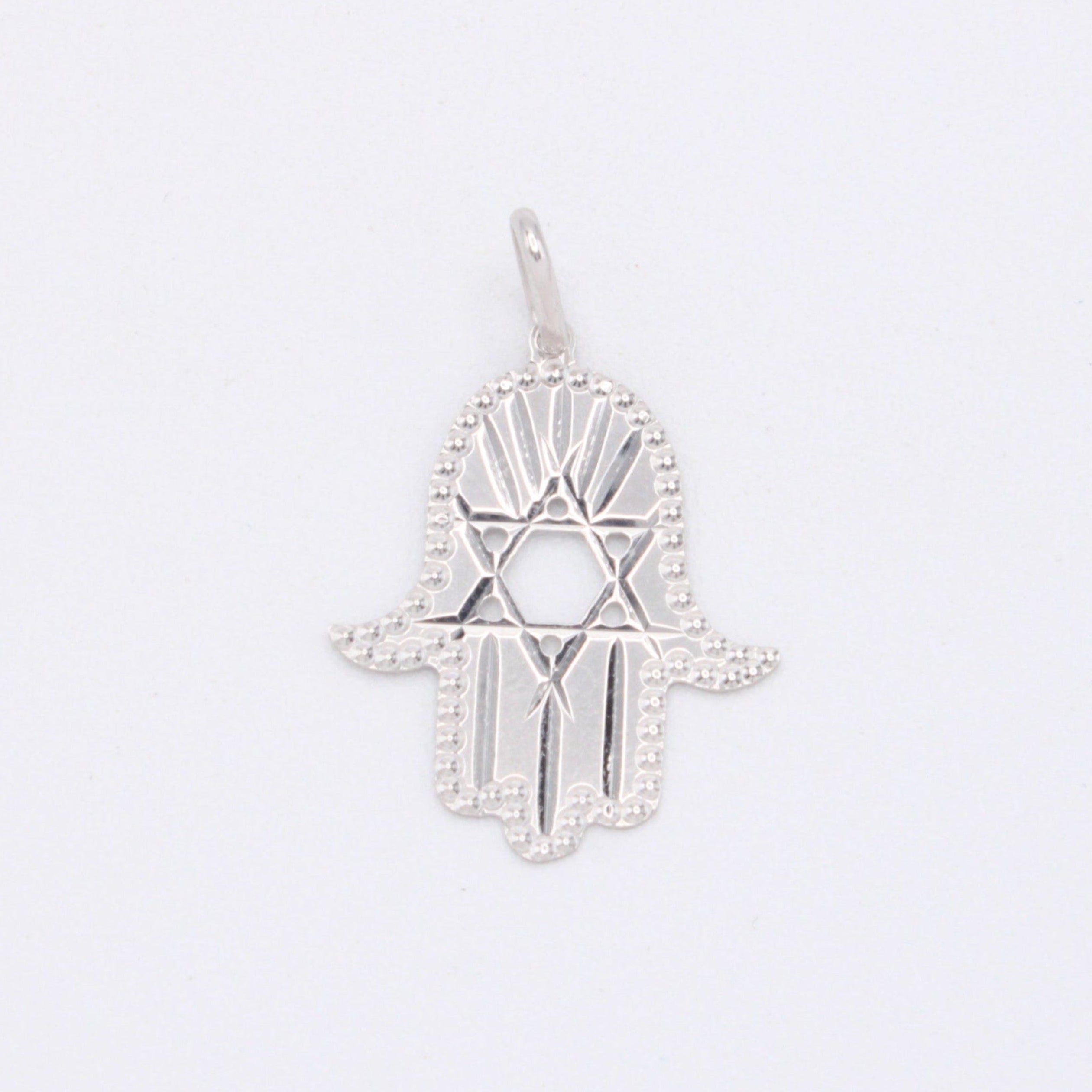 Dije de Oro 14k Blanco Mano de Fátima con Estrella de David Diamantado mod. 10937
