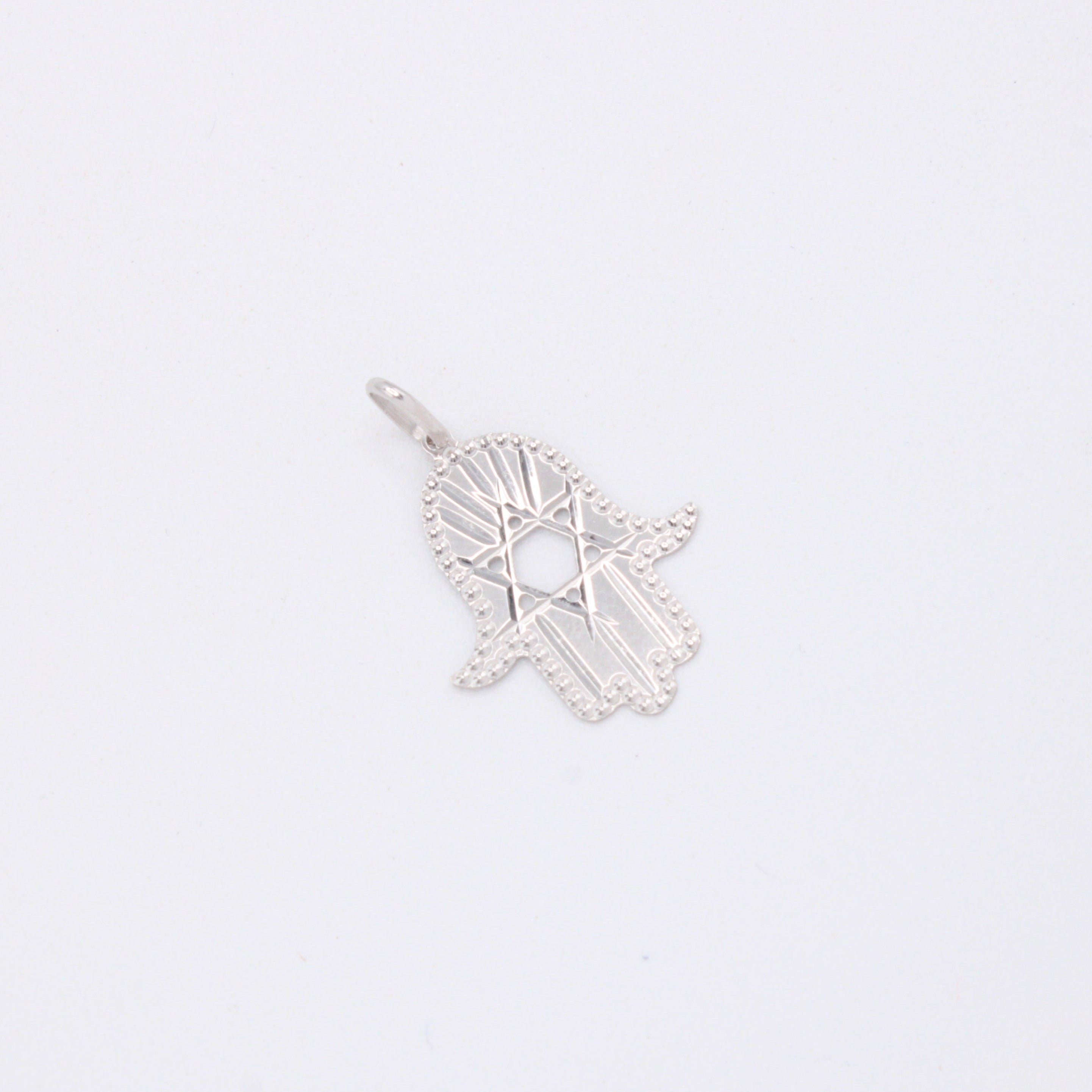 Dije de Oro 14k Blanco Mano de Fátima con Estrella de David Diamantado mod. 10937