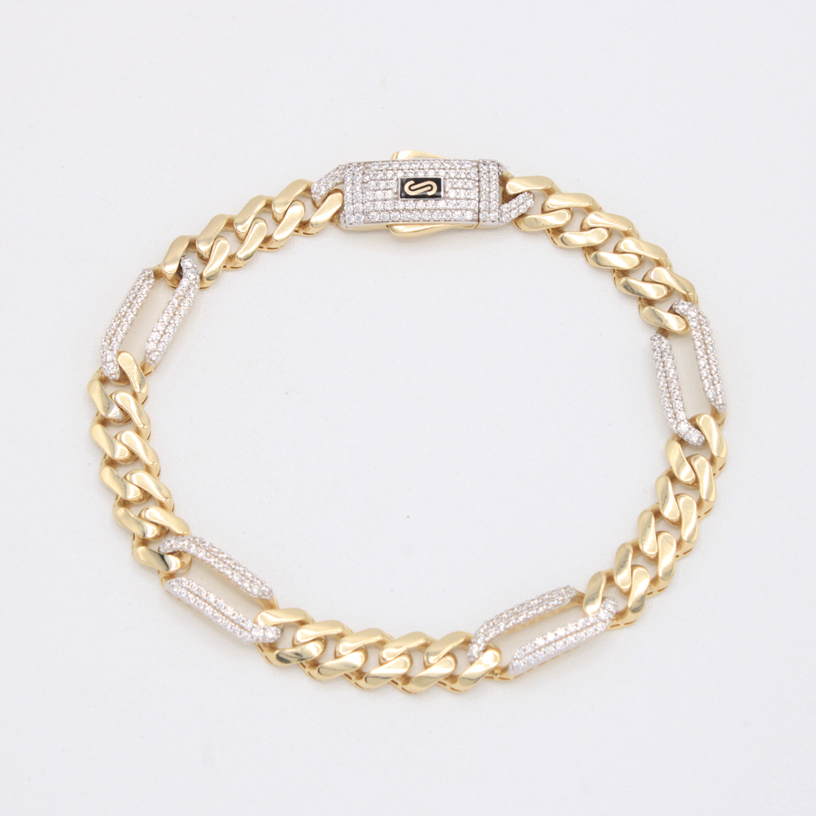 Pulsera de Oro 14k Monaco Modelo Figaro con Incrustación de Zirconias mod. 10996