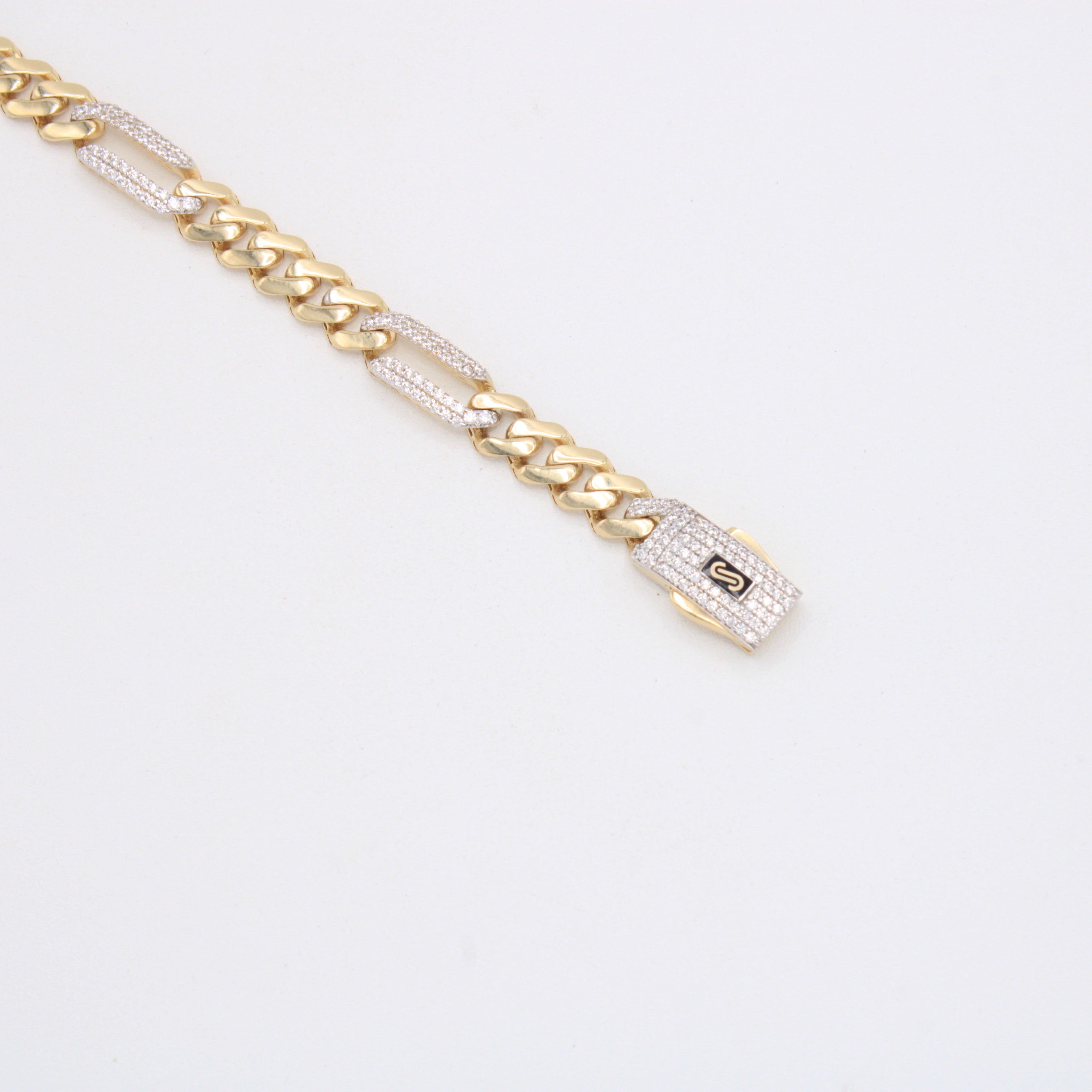 Pulsera de Oro 14k Monaco Modelo Figaro con Incrustación de Zirconias mod. 10996