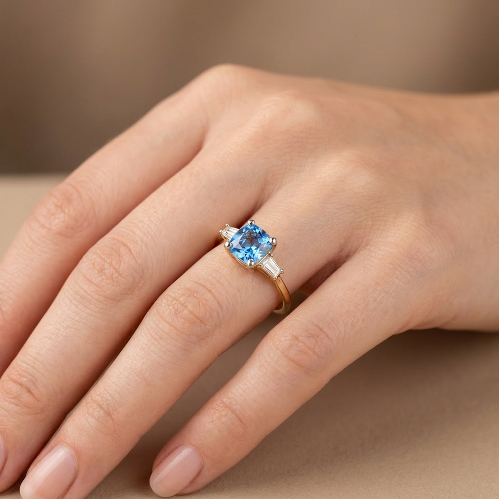 Anillo de Oro 14k Diseño Elegante Especial con Zirconia de Corte Brillante en Tono Azul mod. 10769