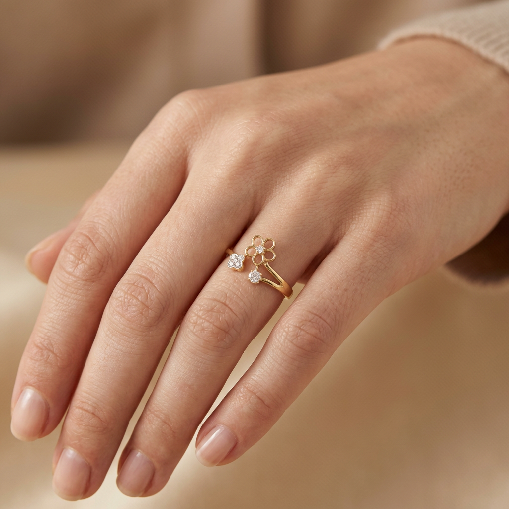 Anillo de Oro 14k Con Diseño de Flor y Doble Zirconia Elegante mod.11213