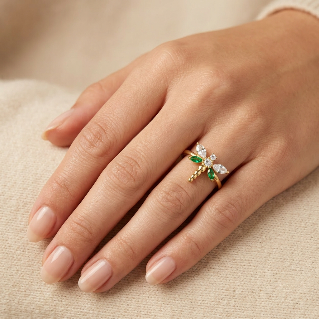 Anillo de Oro 14k Diseño de Libélula con Zirconias Detallada ca con Tonos Verdes mod. 10745