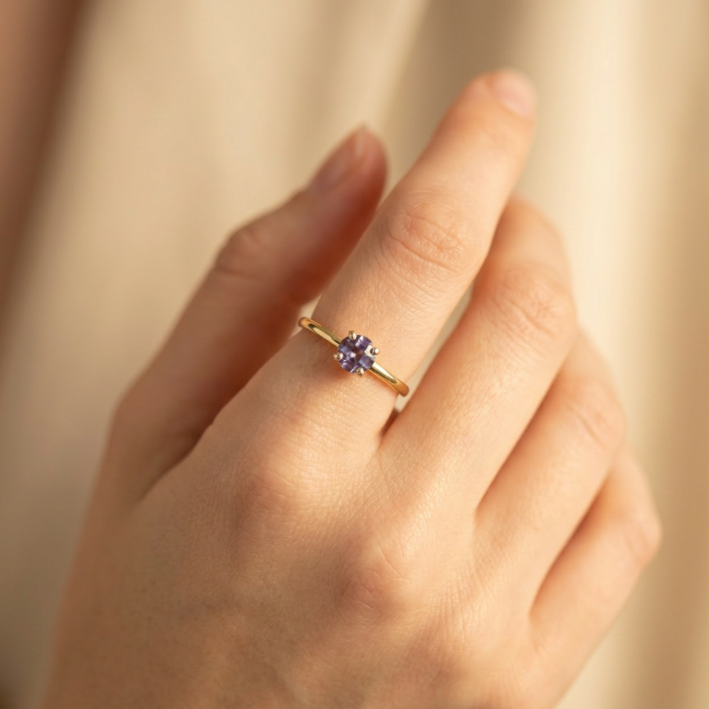 Anillo de Oro 14k de Diseño Fino con Zirconia Facetada Redonda de Tono Lila mod. 10748