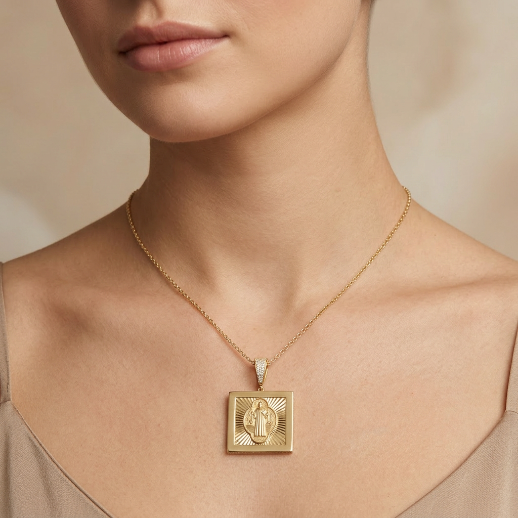 Medallón de Oro 14k Hueco con Diseño Cuadrado Diamantado Pasador con Zirconias y Figura de San Benito mod. 10702