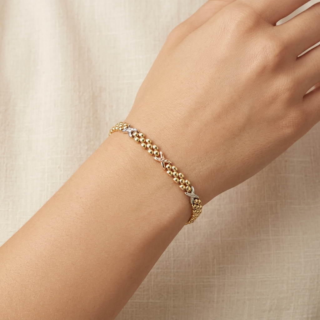 Pulsera de Oro 14k  mod. Diseño Fino y Hueco de Tejido con Eslabón X 10740