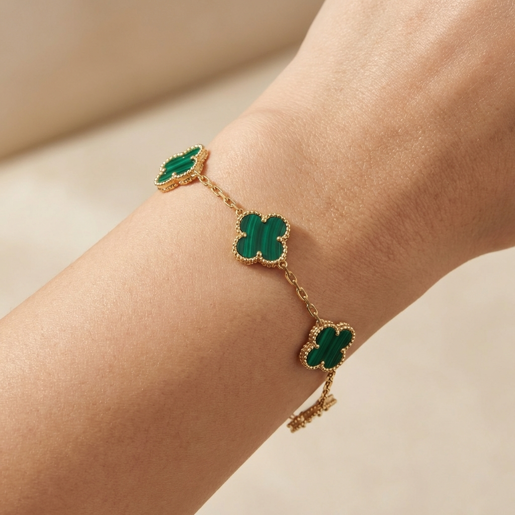 Pulsera de Oro 14k Tejido Fino con Trébol de Malaquita mod. 10661