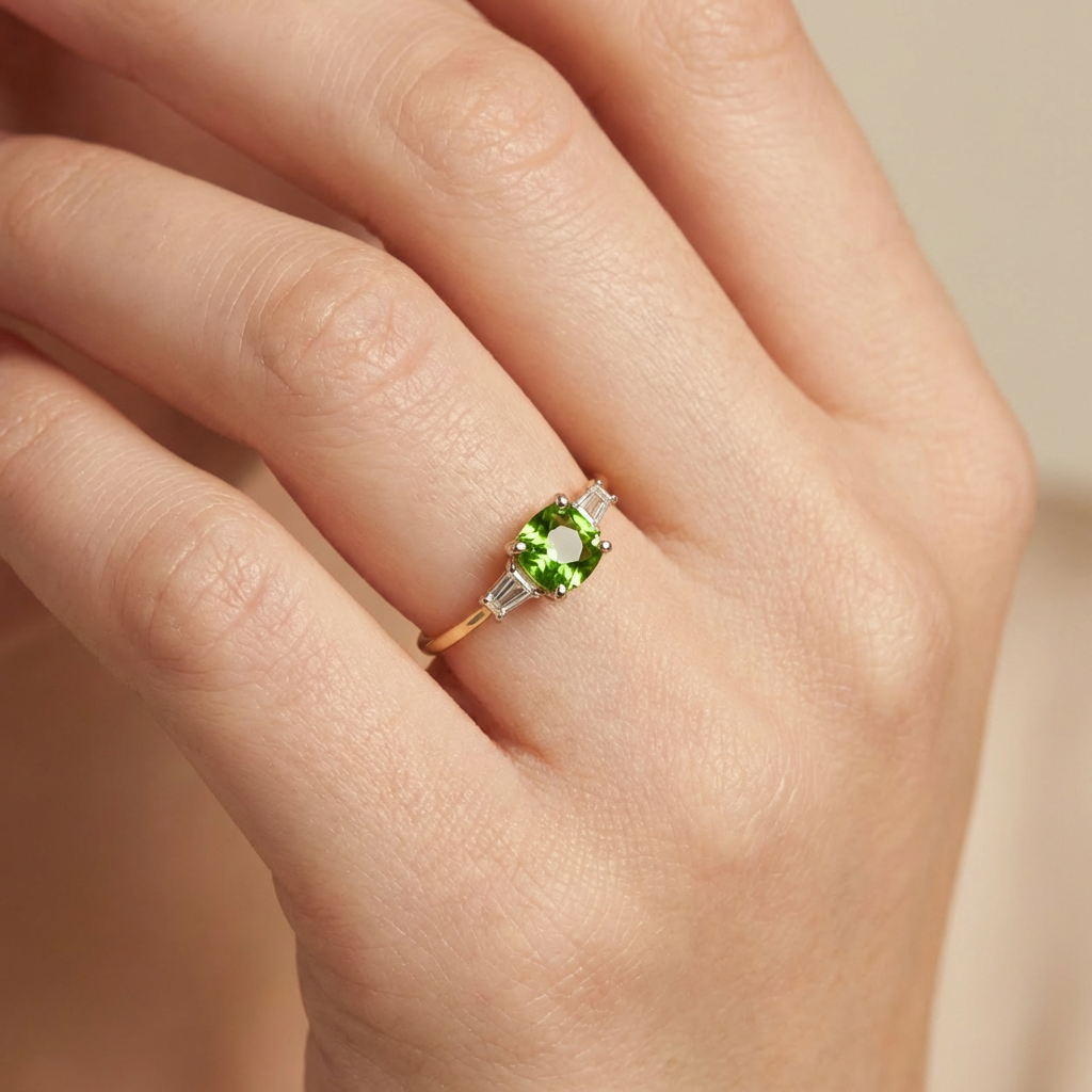 Anillo de Oro 14k Diseño Fino con Zirconia Facetada Central de Tono Verde mod. 10756
