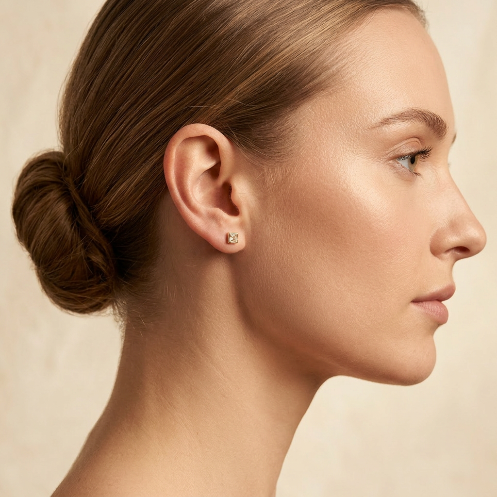 Broquel de Oro 14k Diseño con Zirconia en Bisel Cuadarado mod. 10736