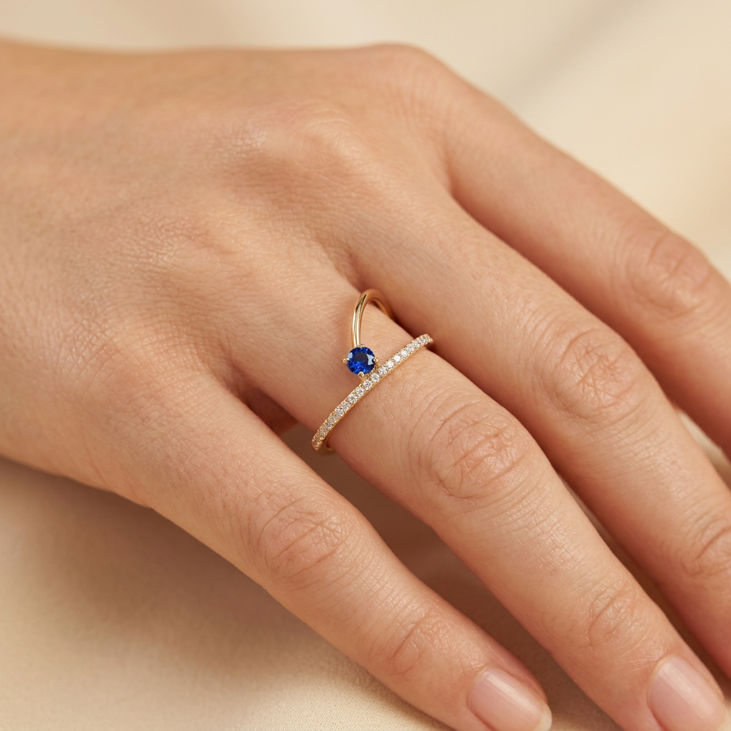 Anillo de Oro 14k Diseño Geometrico con Zirconia Azul mod. 10861