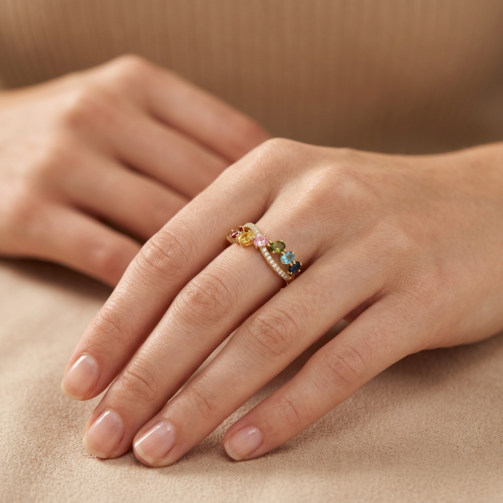 Anillo de Oro 14k Fino y Elegante en Diseño Incrustado con Zirconias de Colores Varios y Brillantes mod. 10770