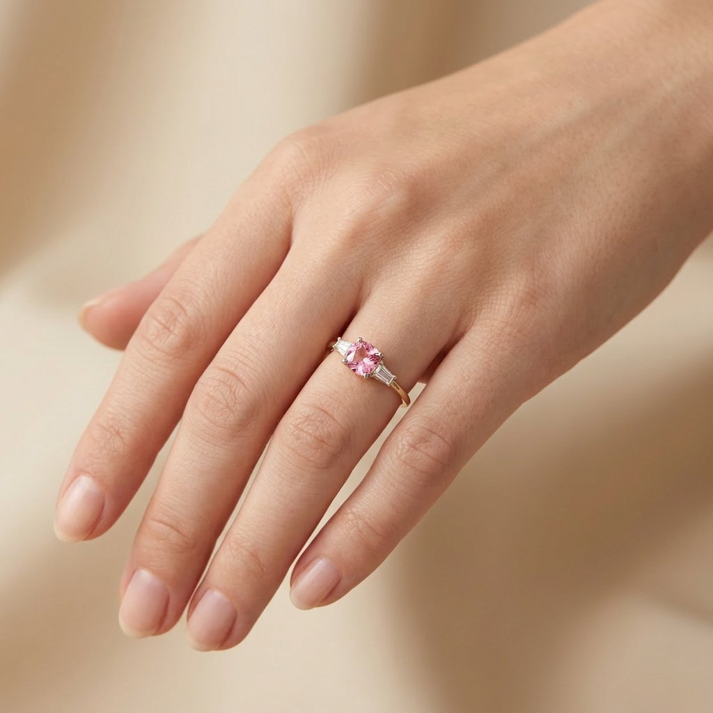 Anillo de Oro 14k Diseño Fino con Zirconia Facetada Central de Tono Rosa mod. 10754