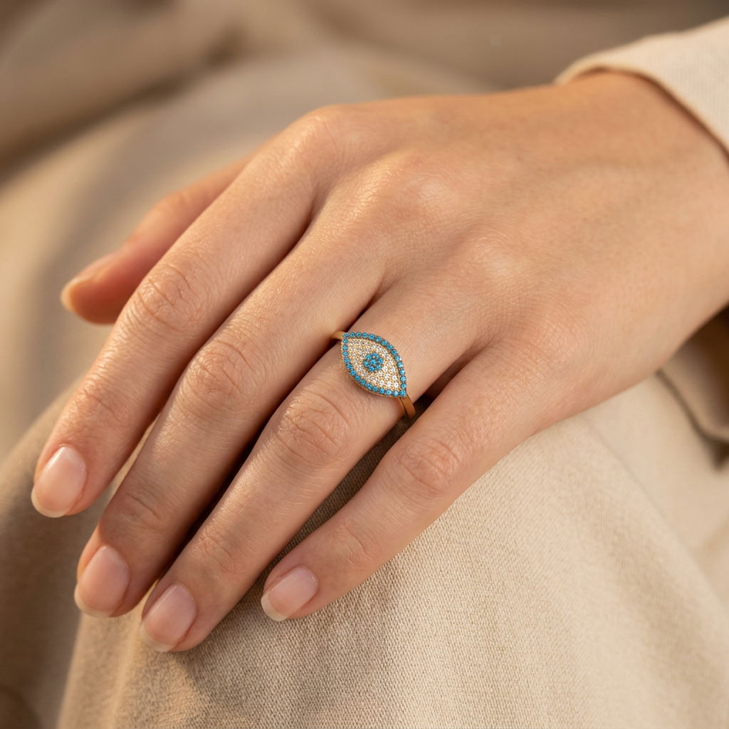 Anillo de Oro 14k Ojo Turco con Zirconias Azules mod. 10859