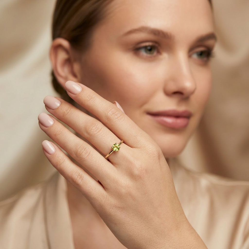 Anillo de Oro 14k de Diseño Fino con Zirconia Facetada Redonda de Tono Verde mod. 10747