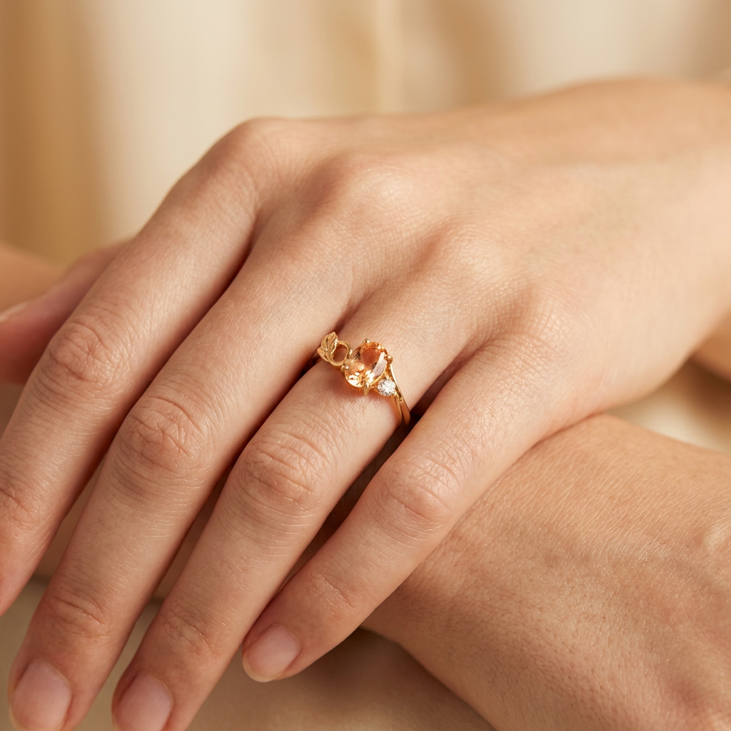 Anillo de Oro 14k Piedra Naranja con Pequeña Hoja mod. 11154