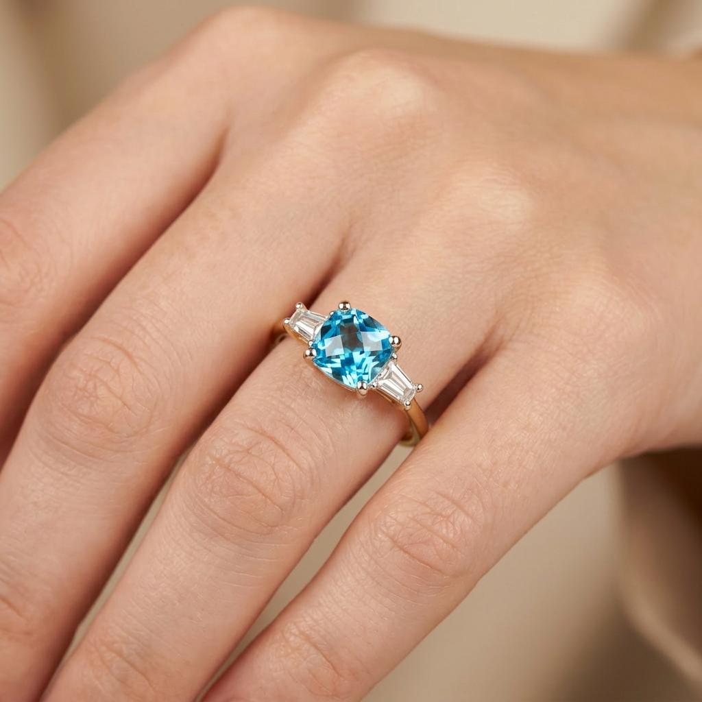 Anillo de Oro 14k Diseño Fino con Zirconia Facetada Central de Tono Azul mod. 10753