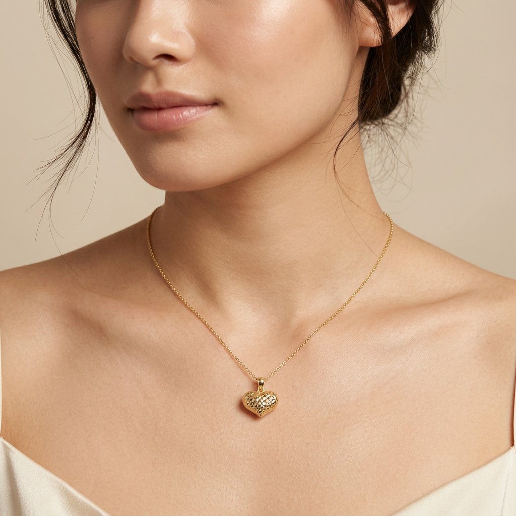 Dije de Oro 14k Corazón Inflado Estilo Ancho e Inflado Hueco con Diamantado Brillante mod. 10806