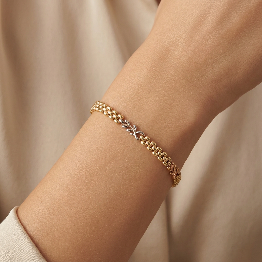 Pulsera de Oro 14k de Tejido Fino y Hueco con Eslabones de Laurel Brillante mod. 10738