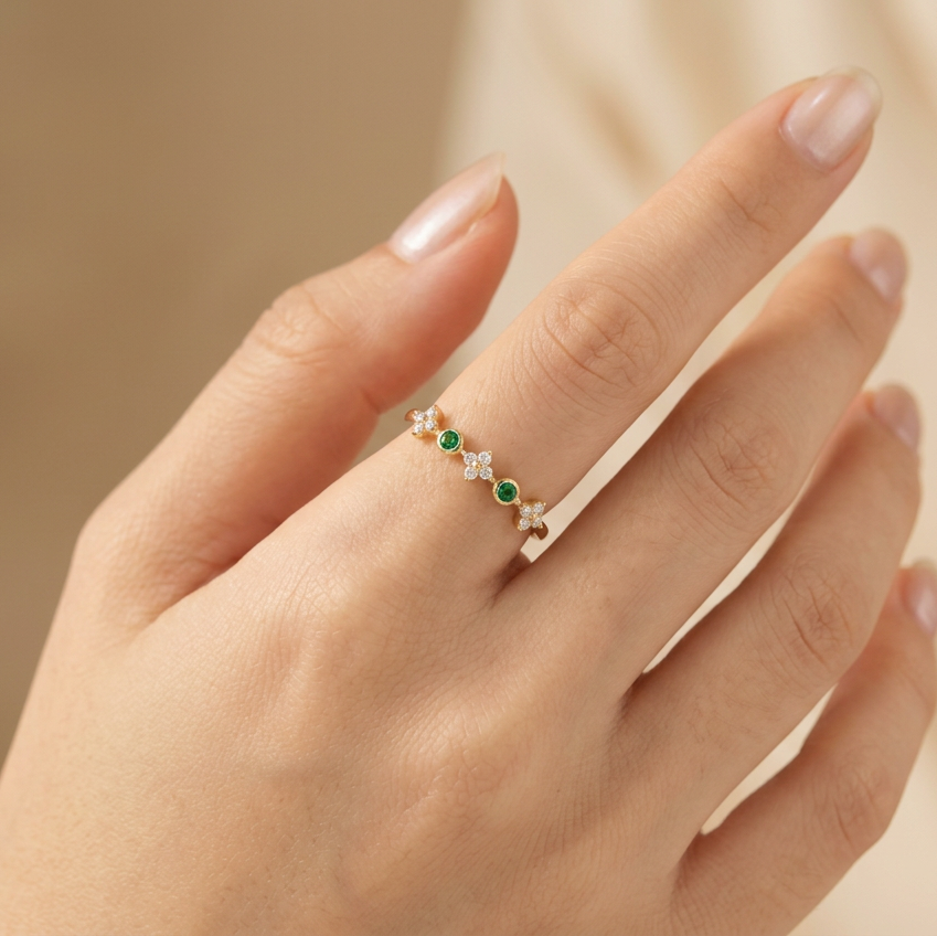 Anillo de Oro 14k Flores con Zirconias Verdes mod. 10874