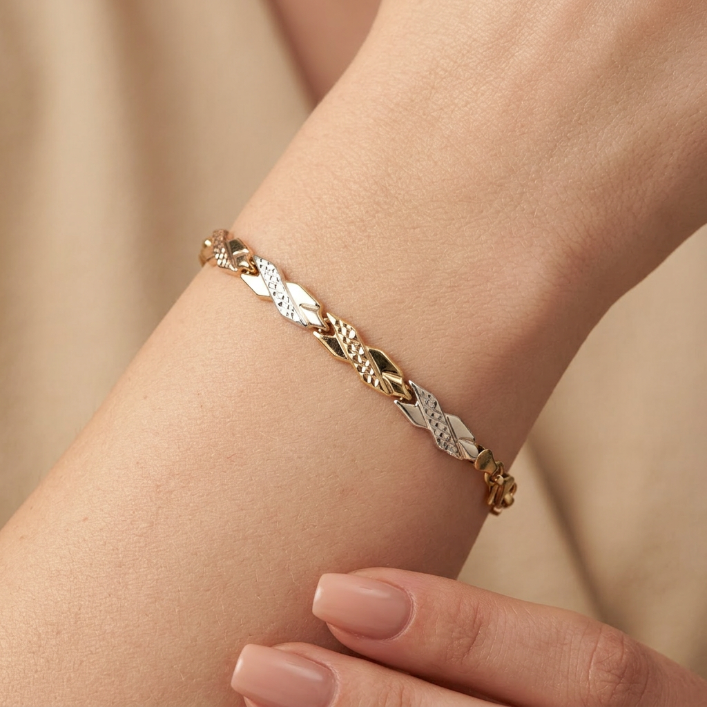 Pulsera de Oro 14k Tejido Hueco Diseño X con Diamantado Marcado mod. 10737