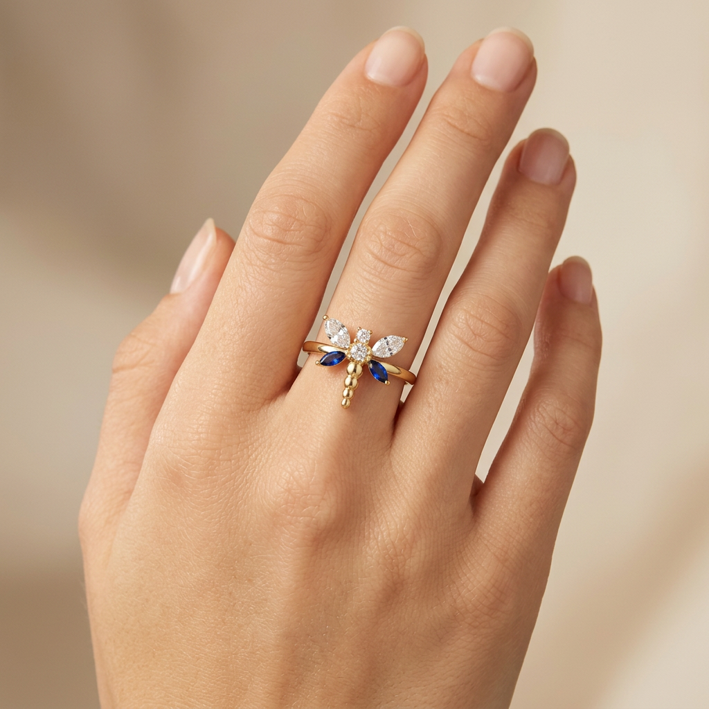 Anillo de Oro 14k Diseño de Libélula con Zirconias Detallada ca con Tonos Azul Marino mod. 10744