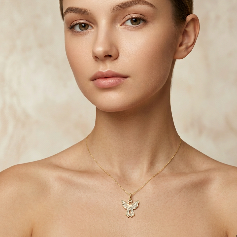 Dije de Oro 14k Ángel de la Guarda de Diseño Fino Calado con Incrustación de Zirconias mod. 10715
