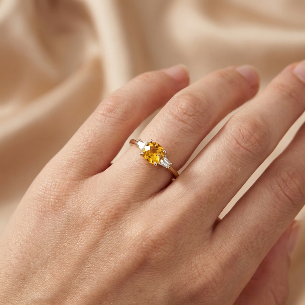 Anillo de Oro 14k Diseño Fino con Zirconia Facetada Central de Tono Ambar mod. 10755
