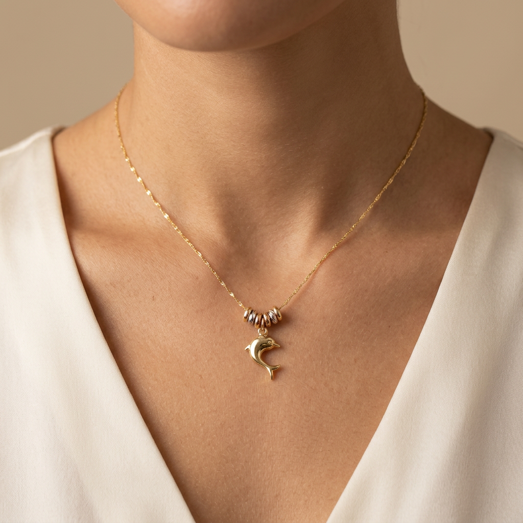 Gargantilla de Oro 14k con Aros Florentinos y Colgante de Delfín mod. 11017