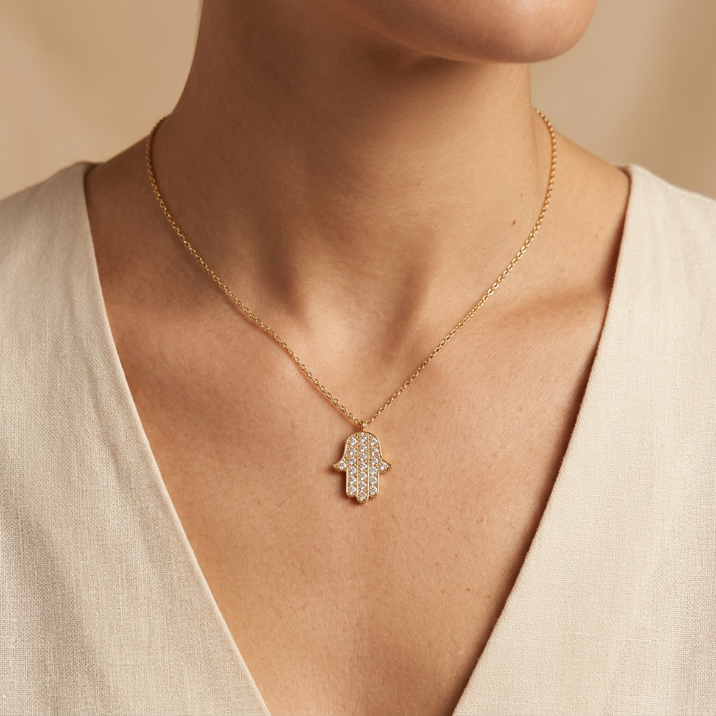 Gargantilla de Oro 14k Diseño Mano de Fátima con Zirconias mod. 10954