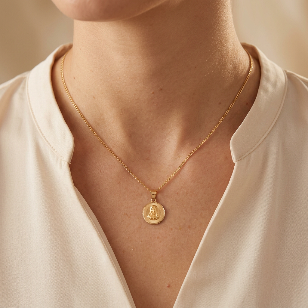 Gargantilla de Oro 14k Tejido Barbado con Dije Doble Vista de Cristo y Virgen mod. 11204