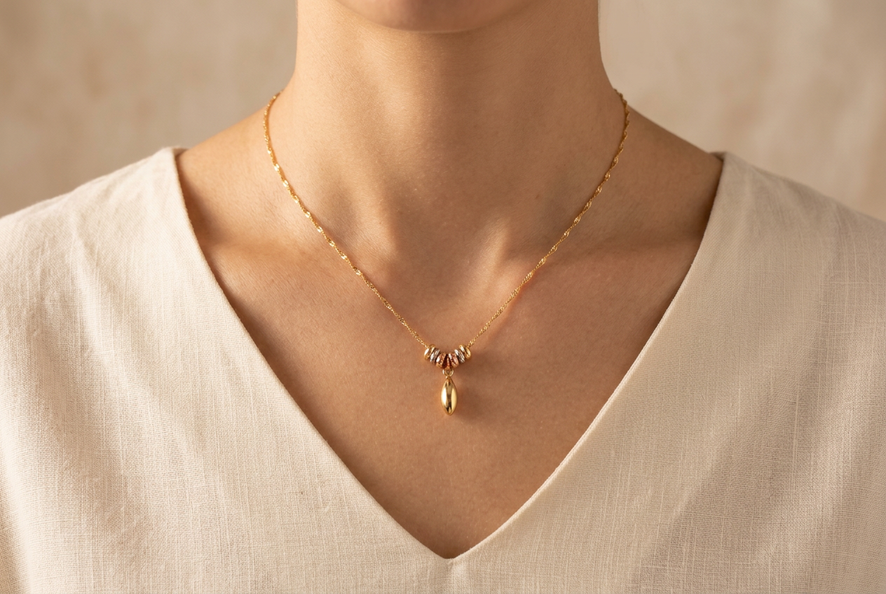 Gargantilla de Oro 14k con Aros Florentinos y Colgante de Gota mod. 11018