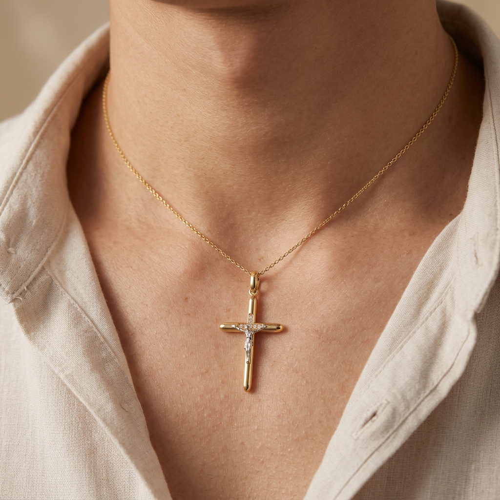 Dije de Oro 14k Cruz con Cristo en Oro Blanco y Zirconias mod. 10912