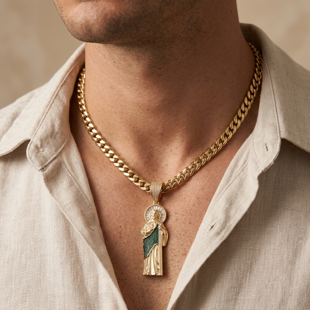 Dije de Oro 14k San Judas Tadeo Hueco con Incrustación de Zirconias mod. 11089