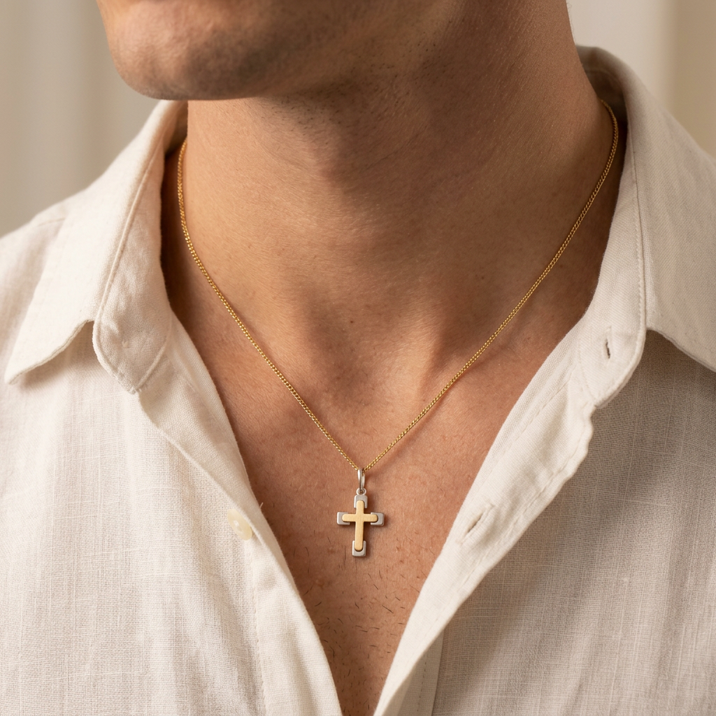 Dije de Oro 14k  Cruz Pequeña con Oro Blanco mod. 10907