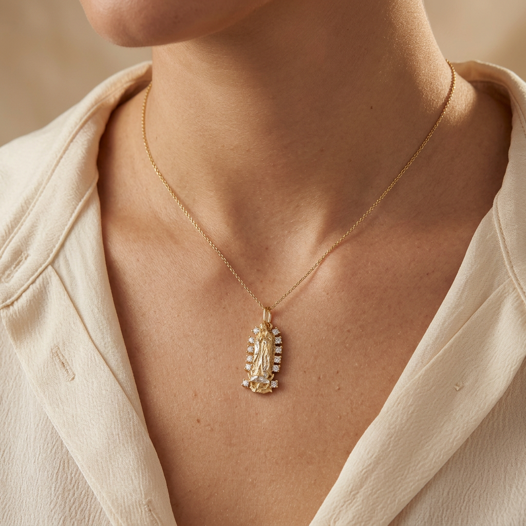 Dije de Oro Virgen de Guadalupe con Zirconias y Detalles en Oro Blanco 14k mod. 11093