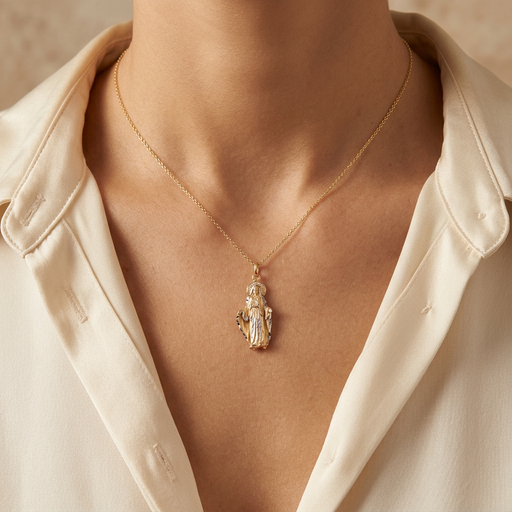 Dije de Oro 14k La Virgen Milagrosa con Oro Blanco mod. 11096