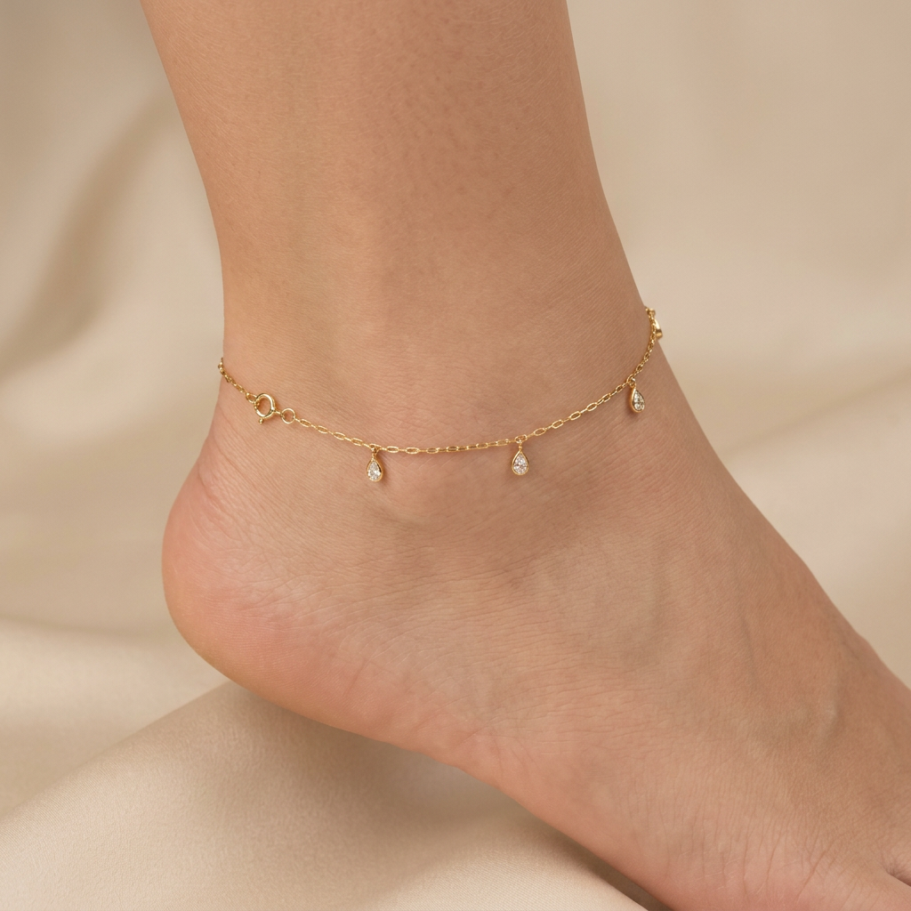 Tobillera de Oro 14k con 4 Gotas con Zirconias mod. 11068