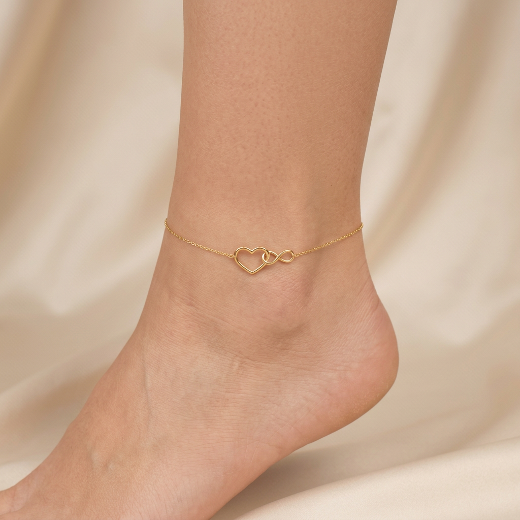 Tobillera de Oro 14k Corazón e Infinito Entrelazados mod. 11071