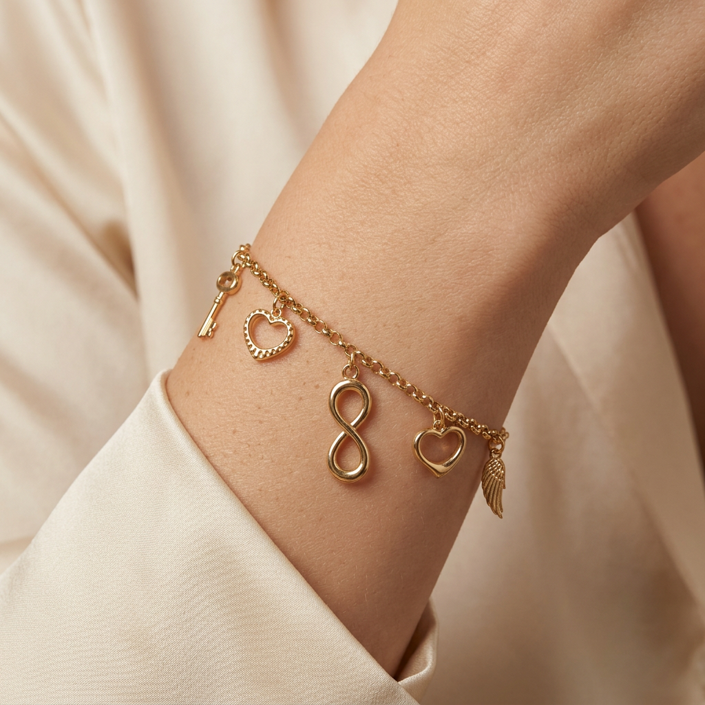Pulsera de Oro 14k con Colgantes de Corazones e Infinito mod. 10968