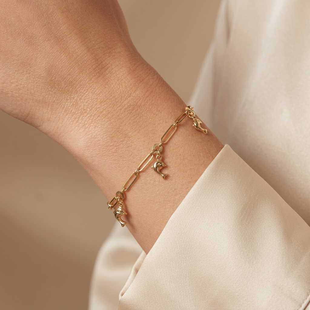 Pulsera de Oro 14k Tejido Paperclip con Delfines mod. 10963
